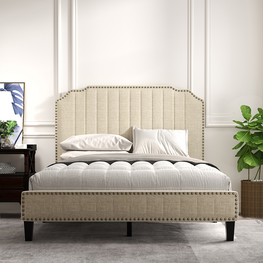 Full Size Solid Wooden Upholstered Bed Frame with Linen Headboard and Nailhead Trim - Cream