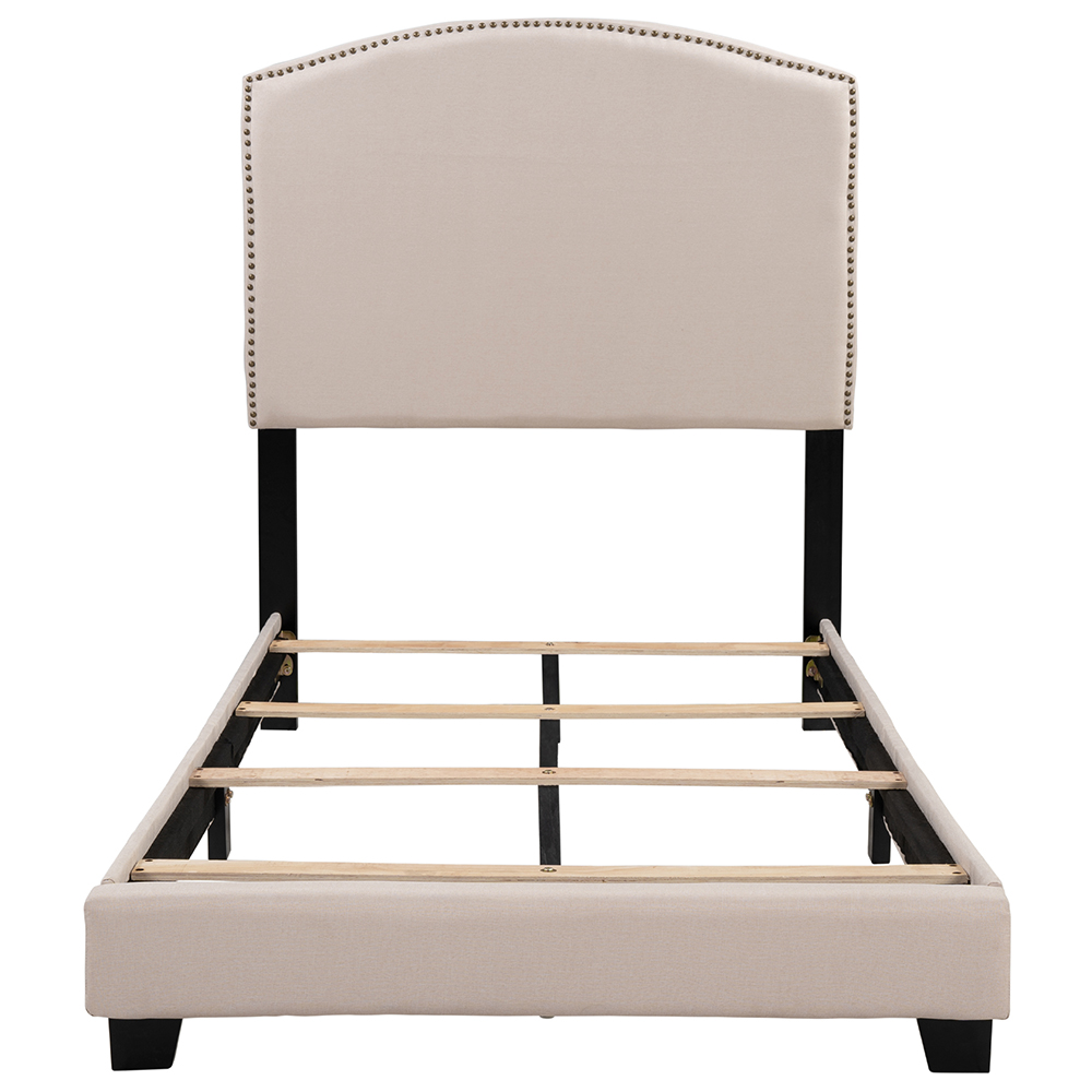 Twin-Size Polyester Linen Platform Bed Frame with Wooden Slats and Nailhead Detail - Beige