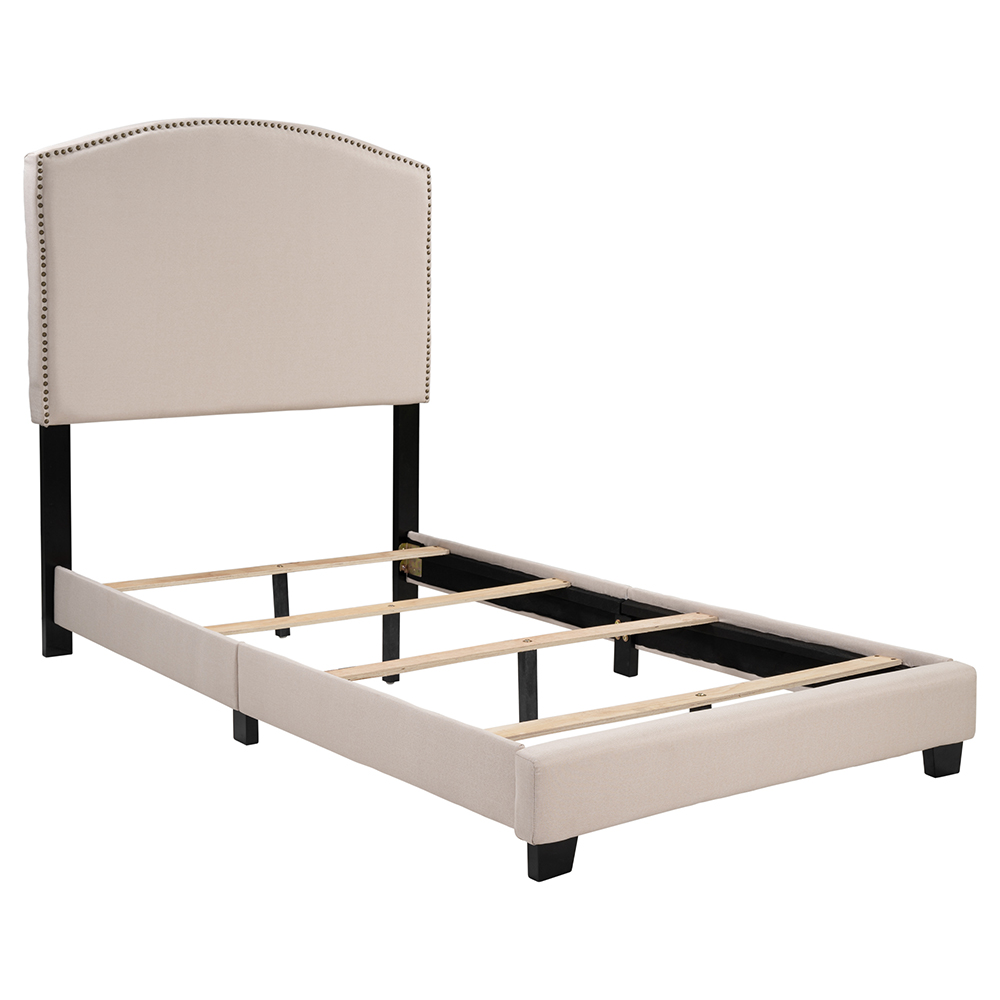Twin-Size Polyester Linen Platform Bed Frame with Wooden Slats and Nailhead Detail - Beige