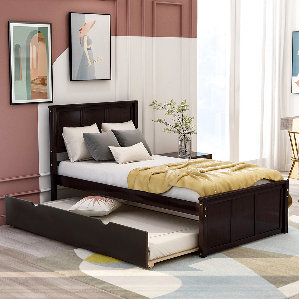 Twin Size Wooden Platform Bed Frame with Trundle Bed, and Wooden Slats Support, No Spring Box Required (Frame Only) - Espresso