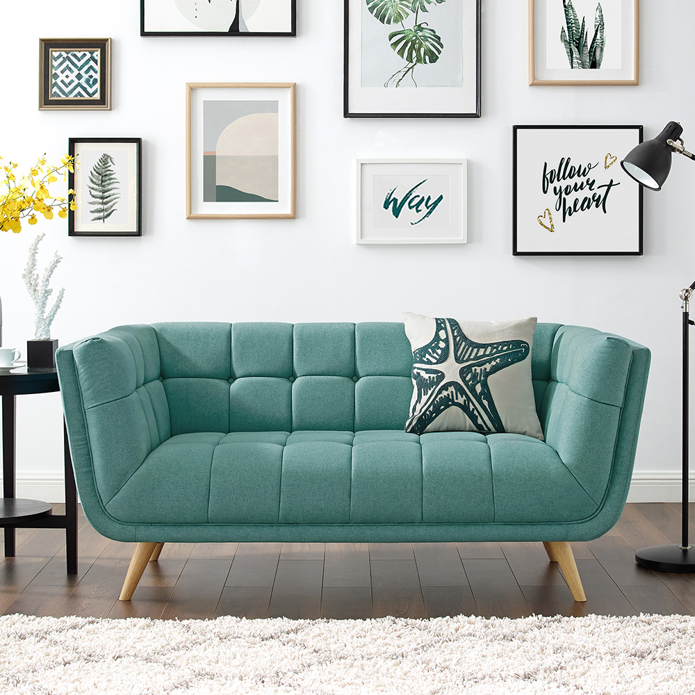 2-Seat Polyester Fabric Upholstered Sofa with Backrest and Oak Feet for Living Room, Bedroom, Office, Apartment - Mint Green