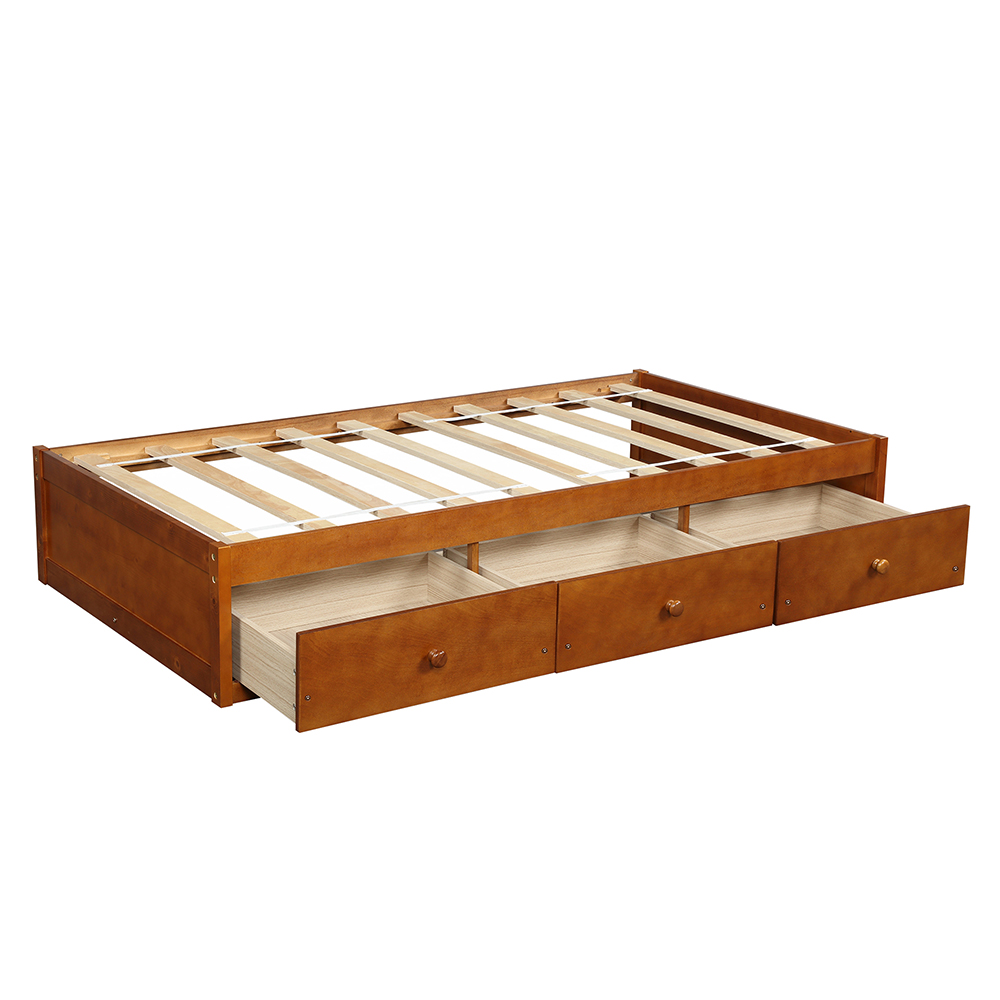 Orisfur Twin Size Wooden Platform Bed Frame with 3 Storage Drawers, and Wooden Slats Support, No Spring Box Required (Frame Only) - Oak