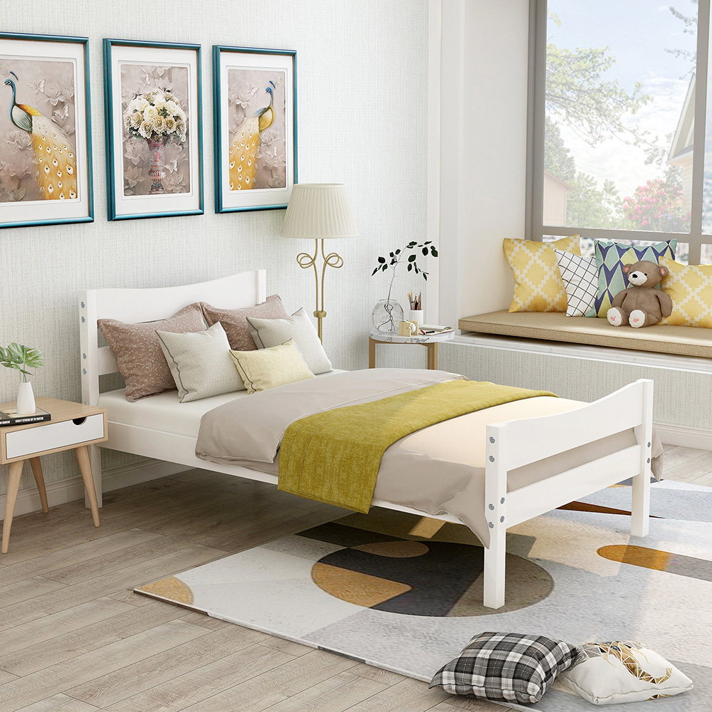 Twin Size Wooden Platform Bed Frame with Headboard, and Wooden Slats Support, No Spring Box Required (Frame Only) - White