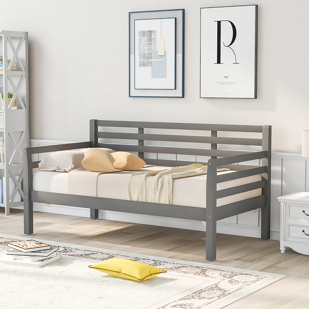 Twin-Size Wooden Daybed Frame with Guardrail and Wooden Slat Support - Gray