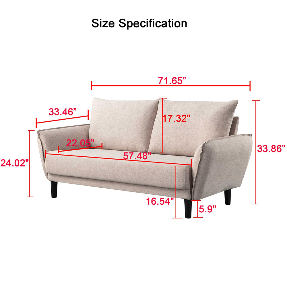 2-Seat Polyester Fabric Upholstered Sofa, with 2 Loose Back Cushions and Plastic Legs, for Living Room, Bedroom, Office, Apartment - Beige