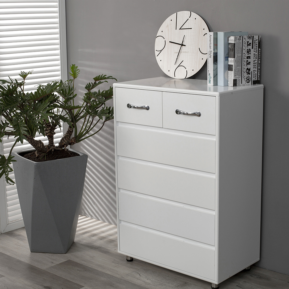MDF Waterproof Storage Cabinet Height Adjustable with 6 Drawers of Different Sizes, for Home, Office, Dining Room, Bedroom - White