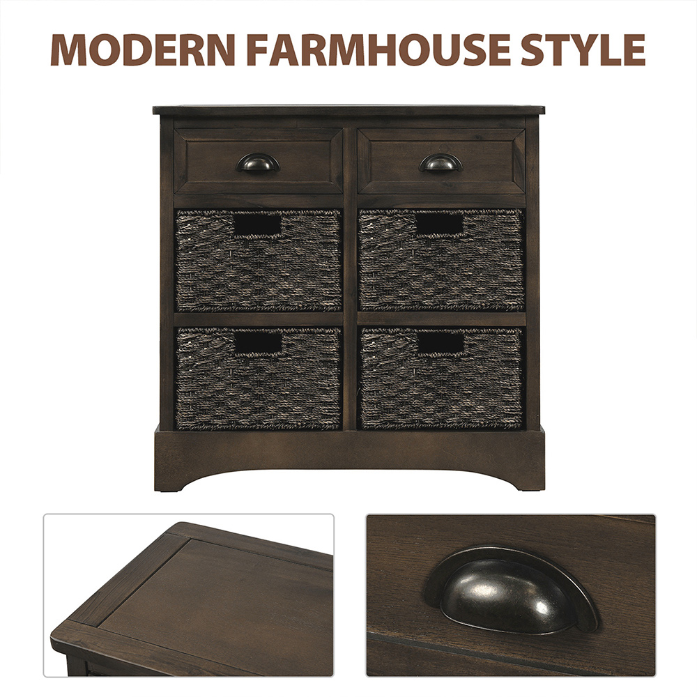 TREXM 28" Rustic Wooden Console Table with 2 Drawers and 4 Storage Rattan Baskets, for Entrance Hallway, Dining Room, Kitchen - Brown