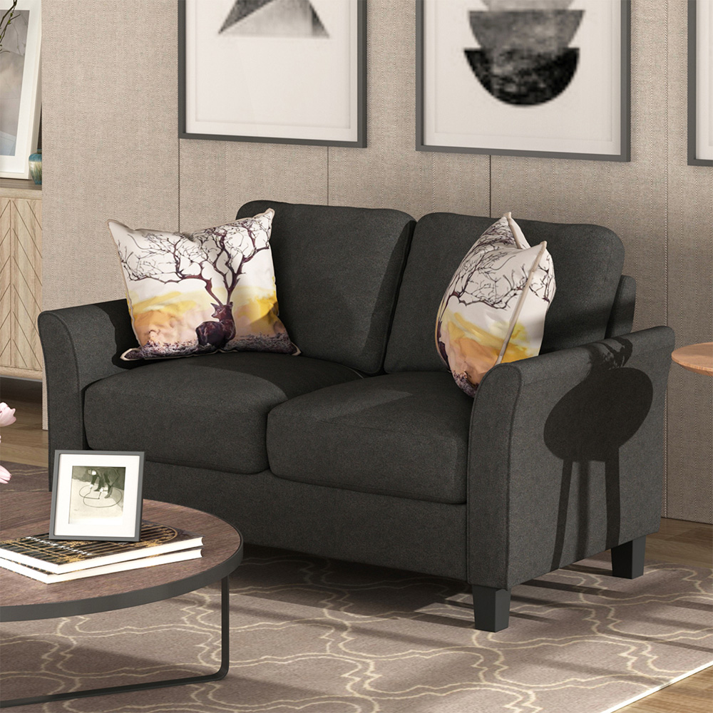 2+3-Seat Linen Fabric Upholstered Sofa Set, with Pillows and Wooden Feet, for Living Room, Bedroom, Office, Apartment - Black