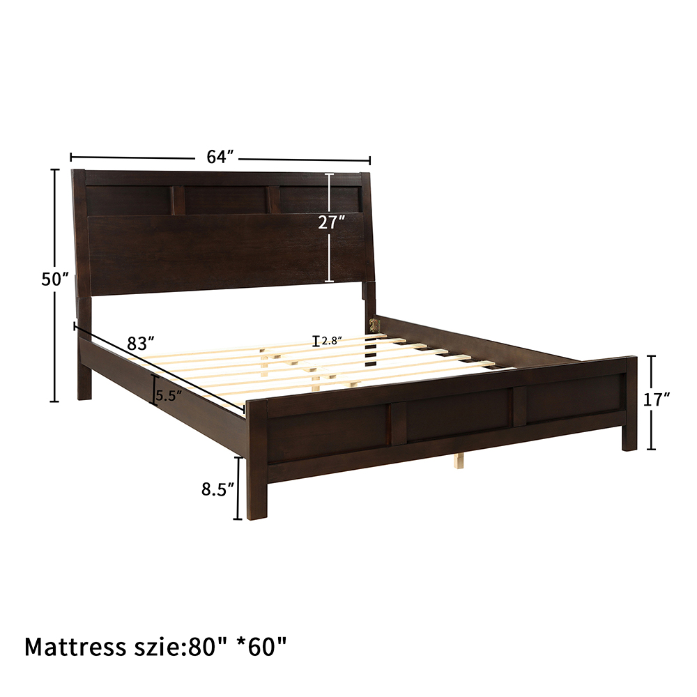 6 Pieces Wooden Bedroom Set, Including Queen Size Bed, 2 Nightstand, Dresser, 5 Drawers Chest and Mirror - Brown