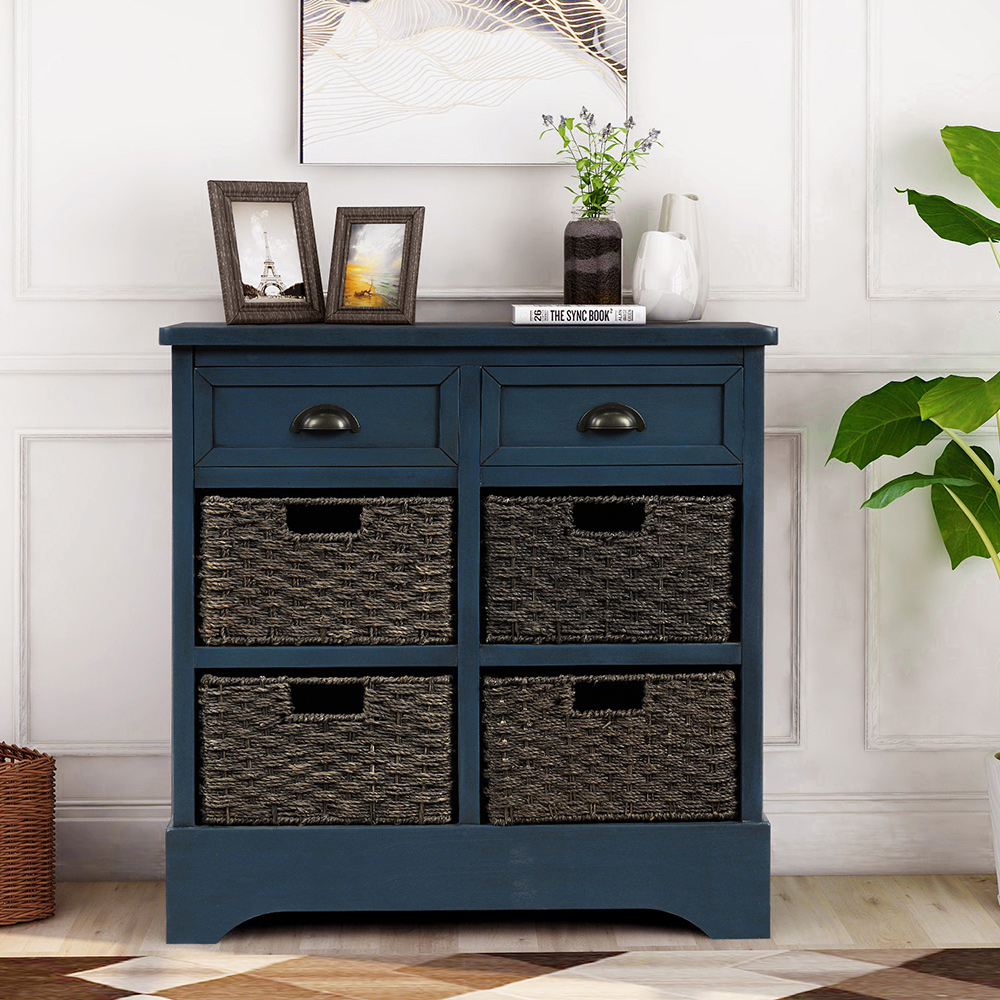 TREXM 28" Rustic Wooden Console Table with 2 Drawers and 4 Storage Rattan Baskets, for Entrance Hallway, Dining Room, Kitchen - Navy