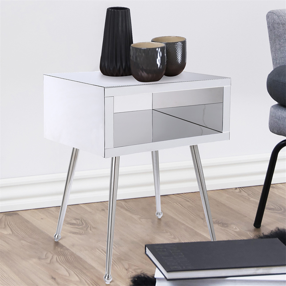 COOLMORE Mirror Bedside Table End Table with Metal High Legs for Living Room, Bedroom, Office, Dressing Room - Silver