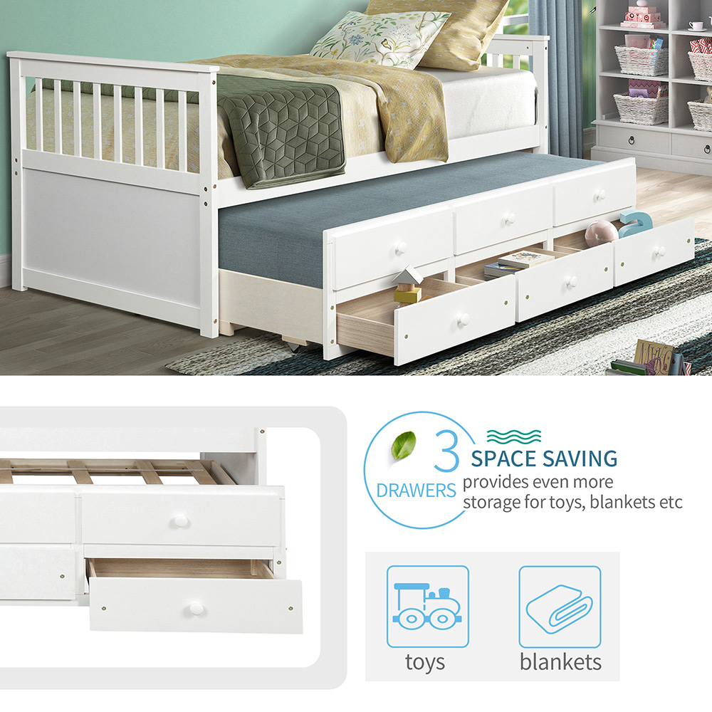 TOPMAX Captain's Twin Size Bed Frame with Trundle Bed and Storage Drawers, for Boys, Girls and Small Rooms - White