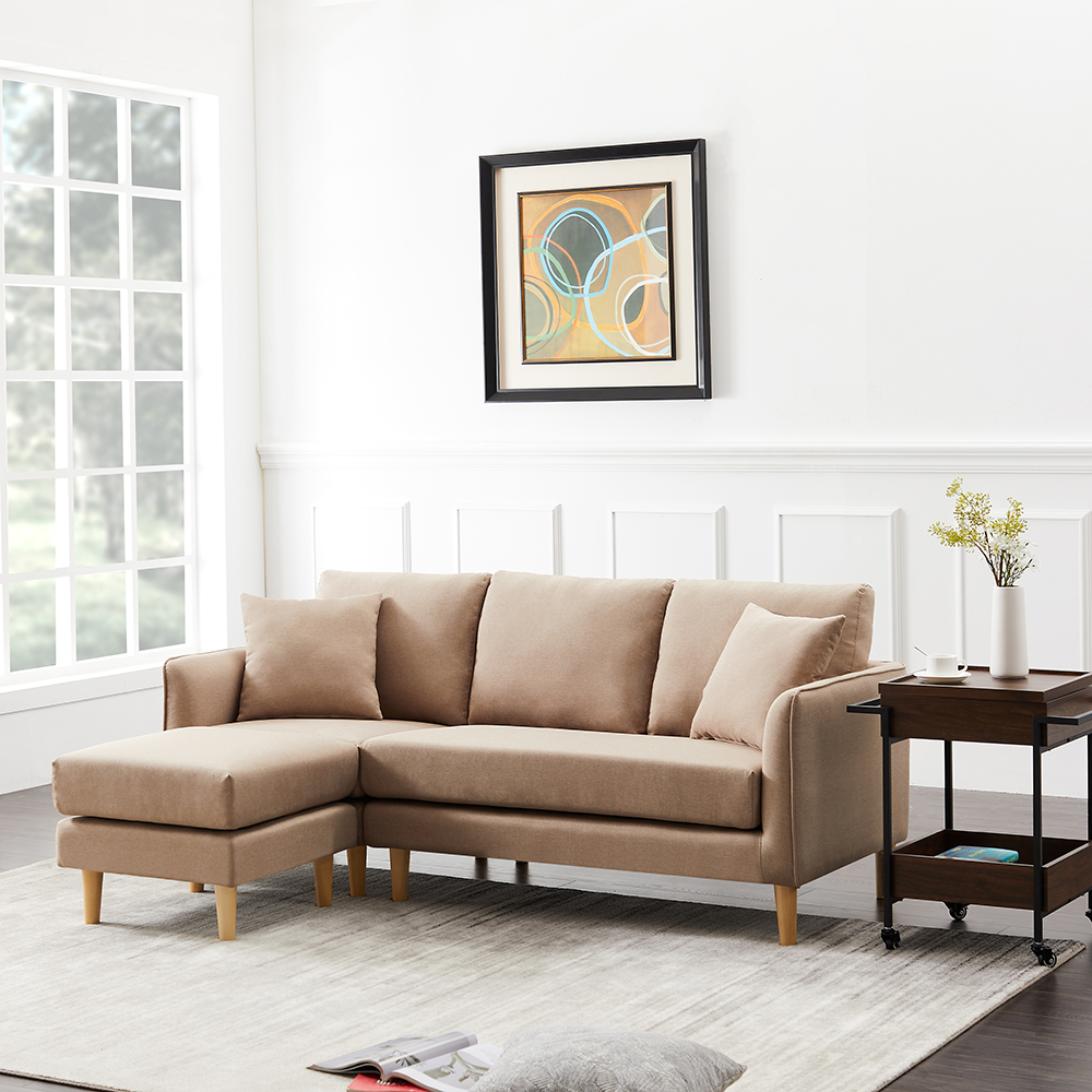 Polyester Fabric L-shaped Corner Sofa with 2 Pillows and Ottoman for Living Room, Bedroom, Office, Apartment - Brown