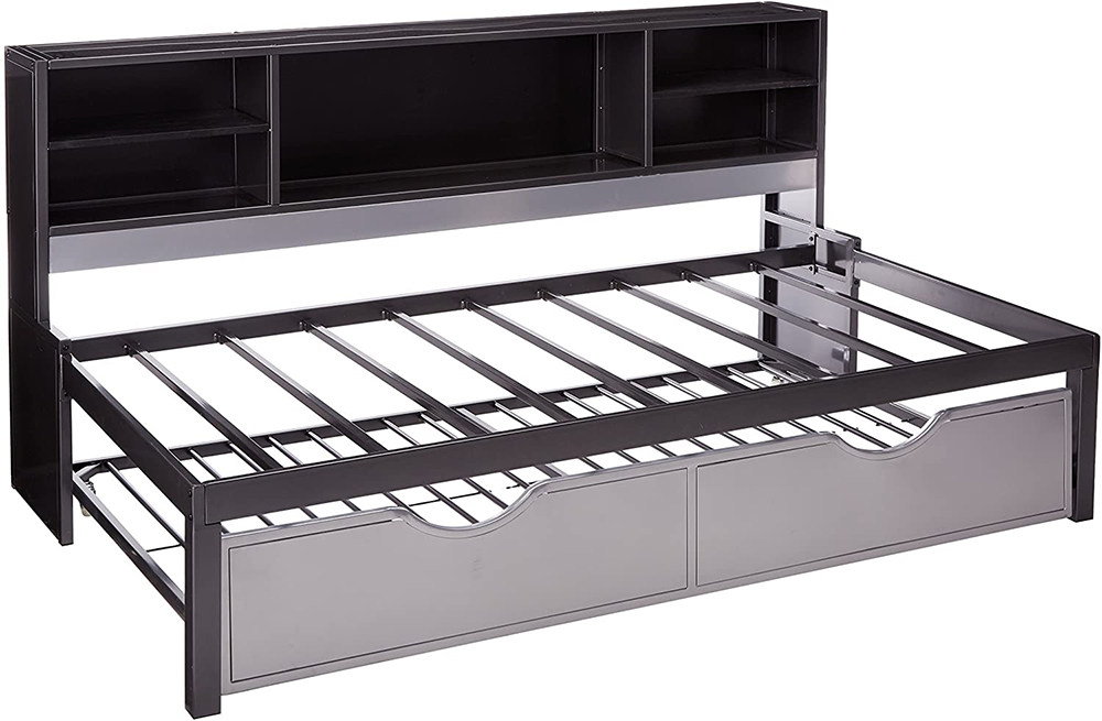 ACME Twin Size Daybed Frame with Trundle Bed and Storage Shelves, No Need for Spring Box, for Living Room, Bedroom, Office, Apartment - Black + Silver