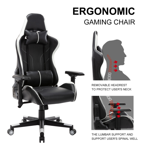 Home Office PU Leather Rotatable Gaming Chair Height Adjustable with Ergonomic Backrest and Casters - Black + White