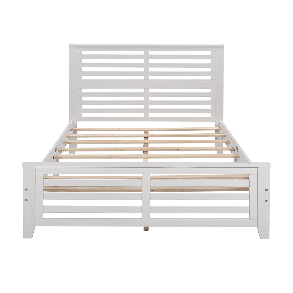 Full-Size Wooden Platform Bed Frame with Hollow Shape Horizontal Strip and Wooden Slats Support - White