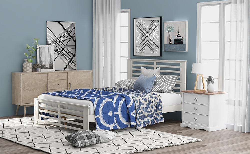 Full-Size Wooden Platform Bed Frame with Hollow Shape Horizontal Strip and Wooden Slats Support - White