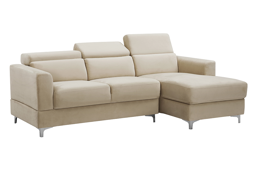 3-Seat L-shaped Corner Velvet Upholstered Sofa, with Adjustable Headrest and Metal Legs, for Living Room, Bedroom, Office, Apartment - Beige