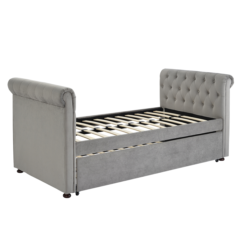Twin Size Upholstered Daybed Frame with Trundle Bed and Wooden Slats Support, No Need for Spring Box, for Living Room, Bedroom, Office, Apartment - Gray