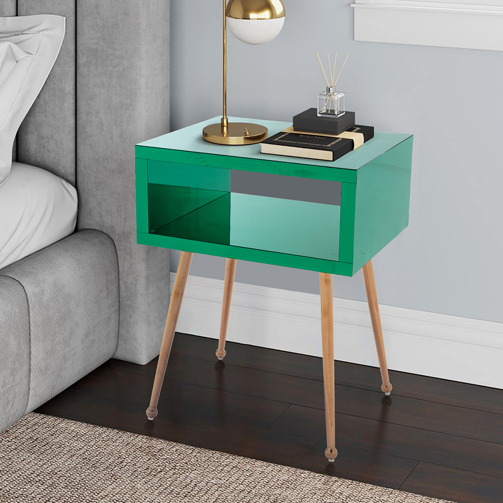 COOLMORE Mirror Bedside Table End Table with Metal High Legs for Living Room, Bedroom, Office, Dressing Room - Green