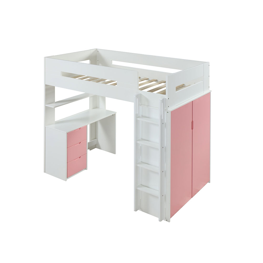 ACME Twin Size Wooden Loft Bed Frame with Desk and Storage Cabinet, Space-saving Design, No Need for Spring Box - White + Pink