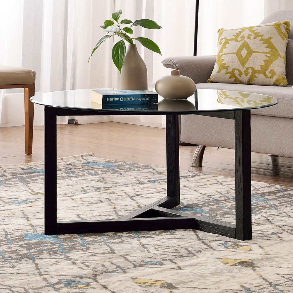 TREXM 35" Round Tempered Glass Coffee Table with Wood Base, for Kitchen, Restaurant, Office, Living Room, Cafe - Espresso