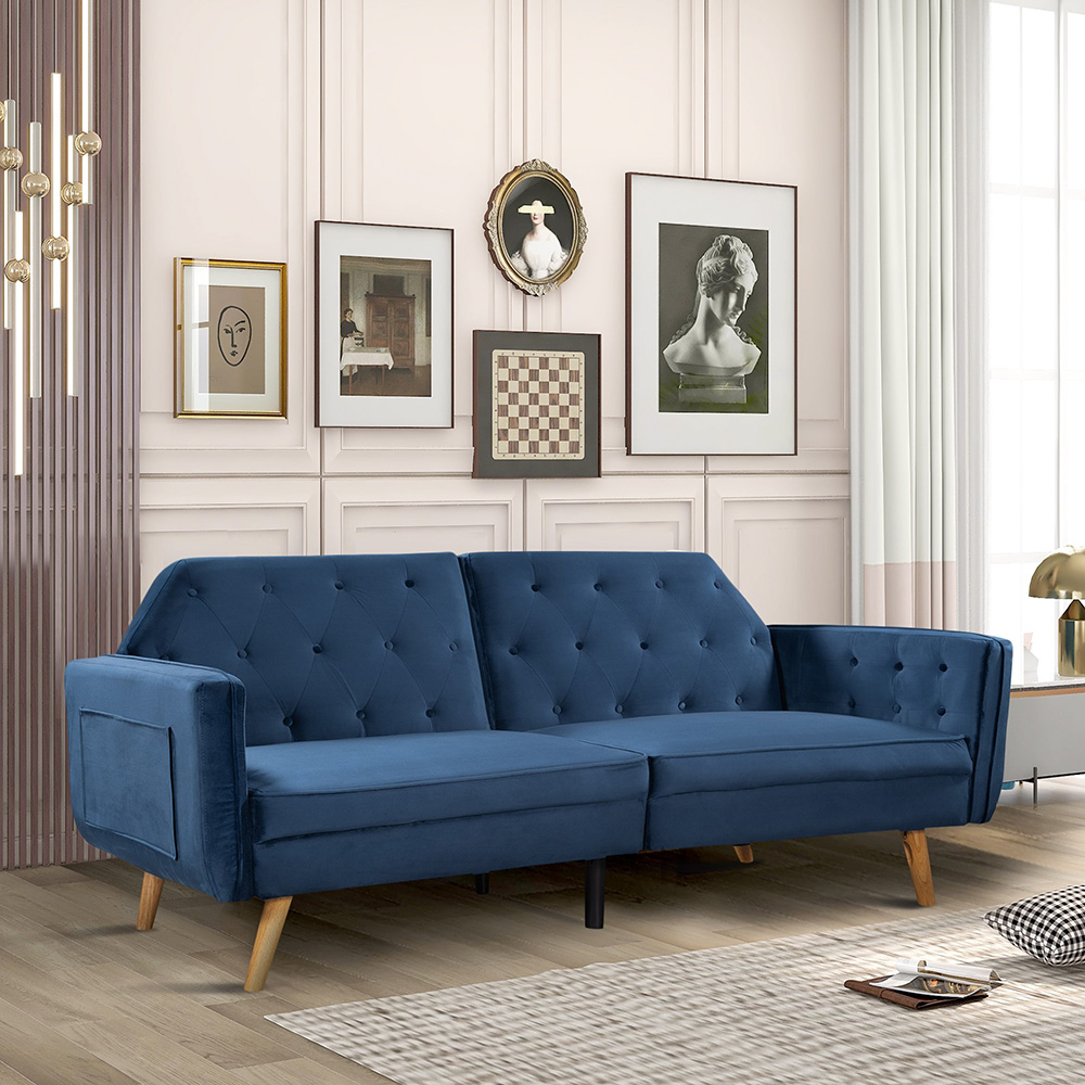 Orisfur 2-Seat Velvet Upholstered Sofa Bed with Wooden Legs and Backrest, for Living Room, Bedroom, Office, Apartment - Blue