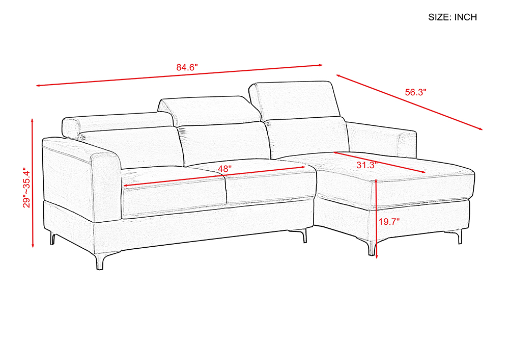 3-Seat L-shaped Corner Velvet Upholstered Sofa, with Adjustable Headrest and Metal Legs, for Living Room, Bedroom, Office, Apartment - Beige