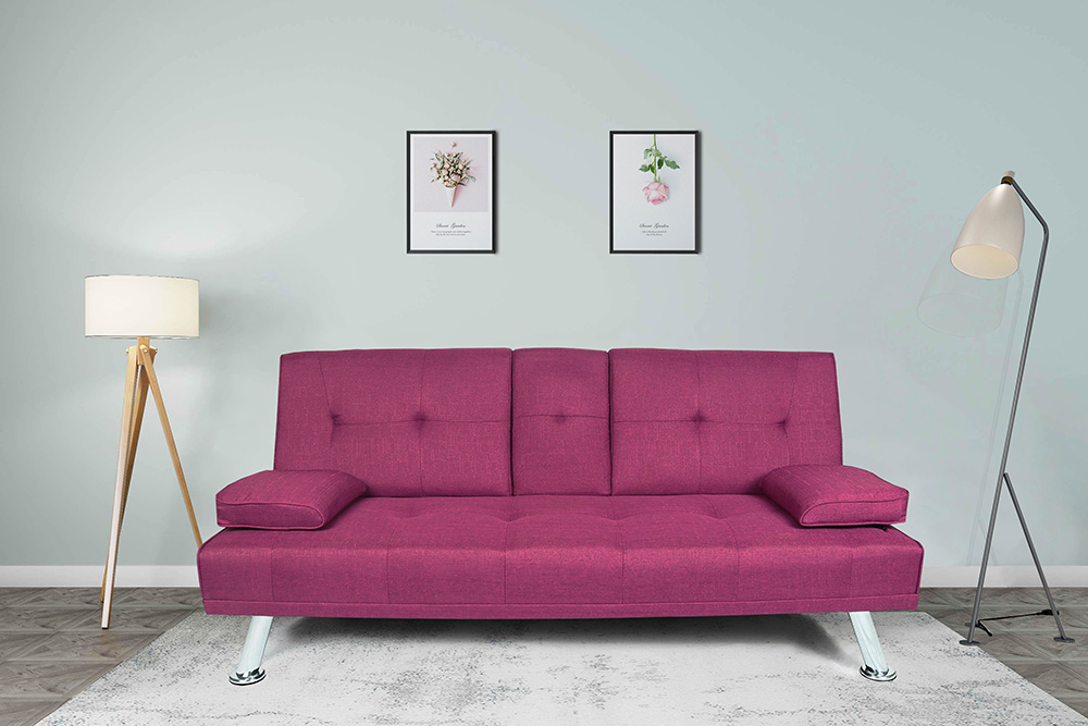 66" Twin Size Linen Fabric Sofa Bed with 2 Cup Holders and Metal Legs, for Living Room, Bedroom, Office, Apartment - Purple