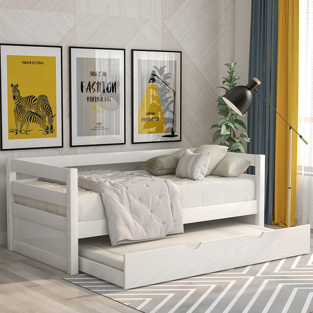 Twin Size Wooden Daybed with Trundle Bed and Wooden Slats Support, No Need for Spring Box, for Living Room, Bedroom, Office, Apartment - White