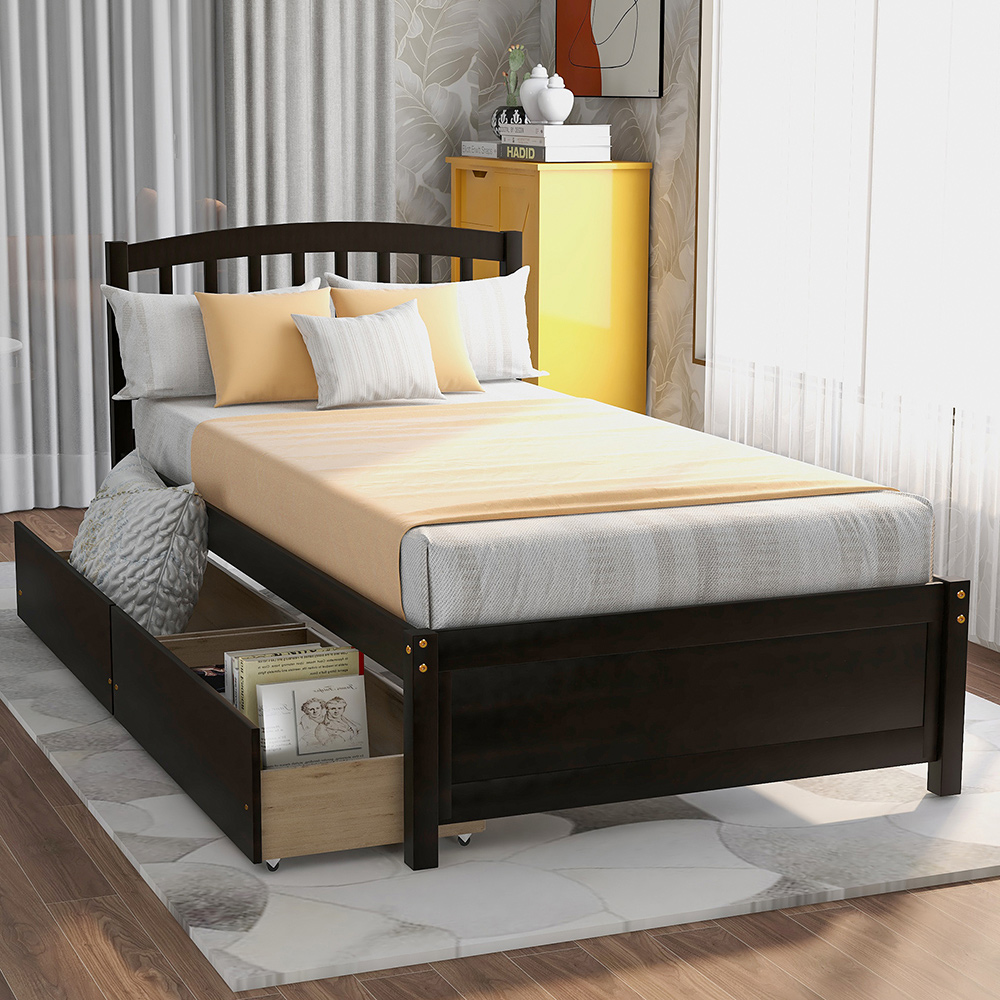 Twin Size Wooden Platform Bed Frame with 2 Storage Drawers, and Wooden Slats Support, No Spring Box Required (Frame Only) - Espresso