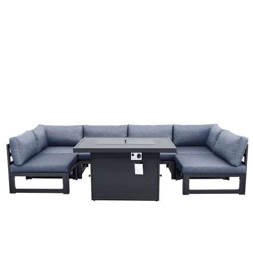 Outdoor 6-Seat Aluminum Frame Modular Sofa with Fire Pit Table and Removable Seat Cushion, for Courtyard, Balcony, Living Room - Gray