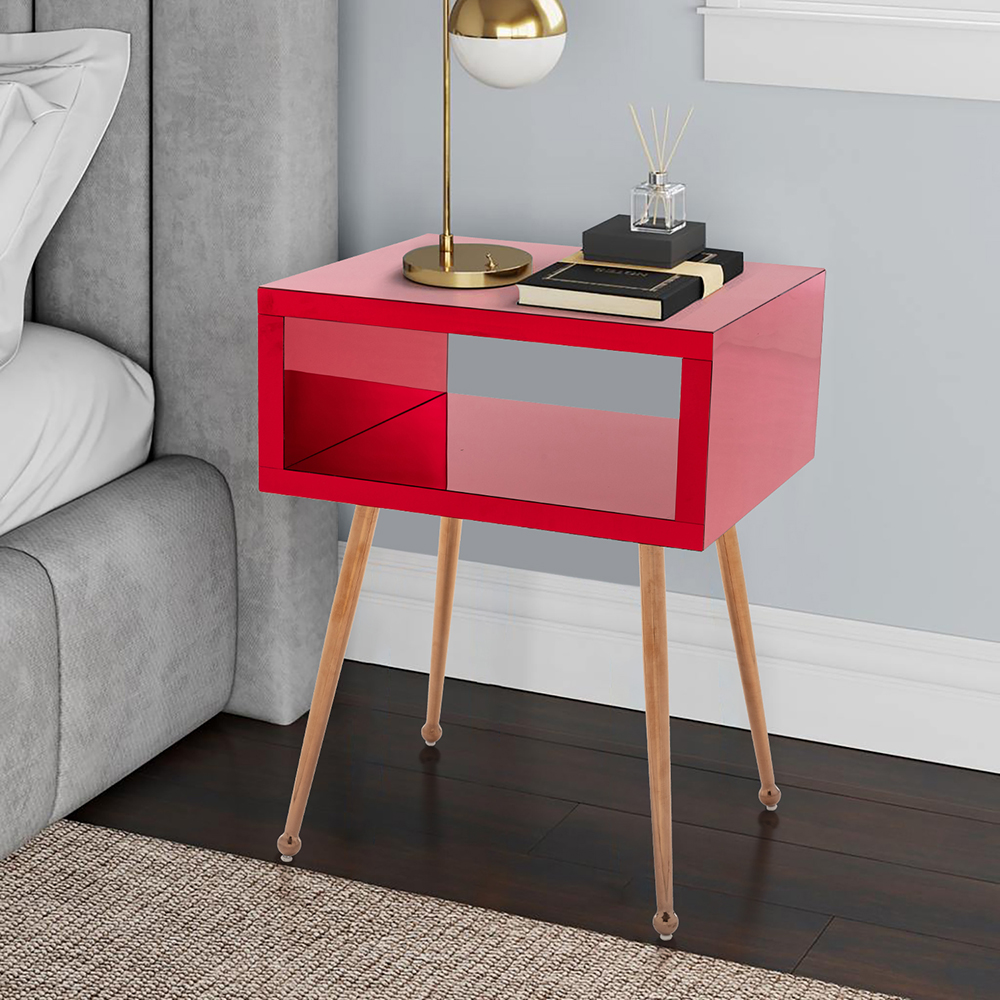 COOLMORE Mirror Bedside Table End Table with Metal High Legs for Living Room, Bedroom, Office, Dressing Room - Red