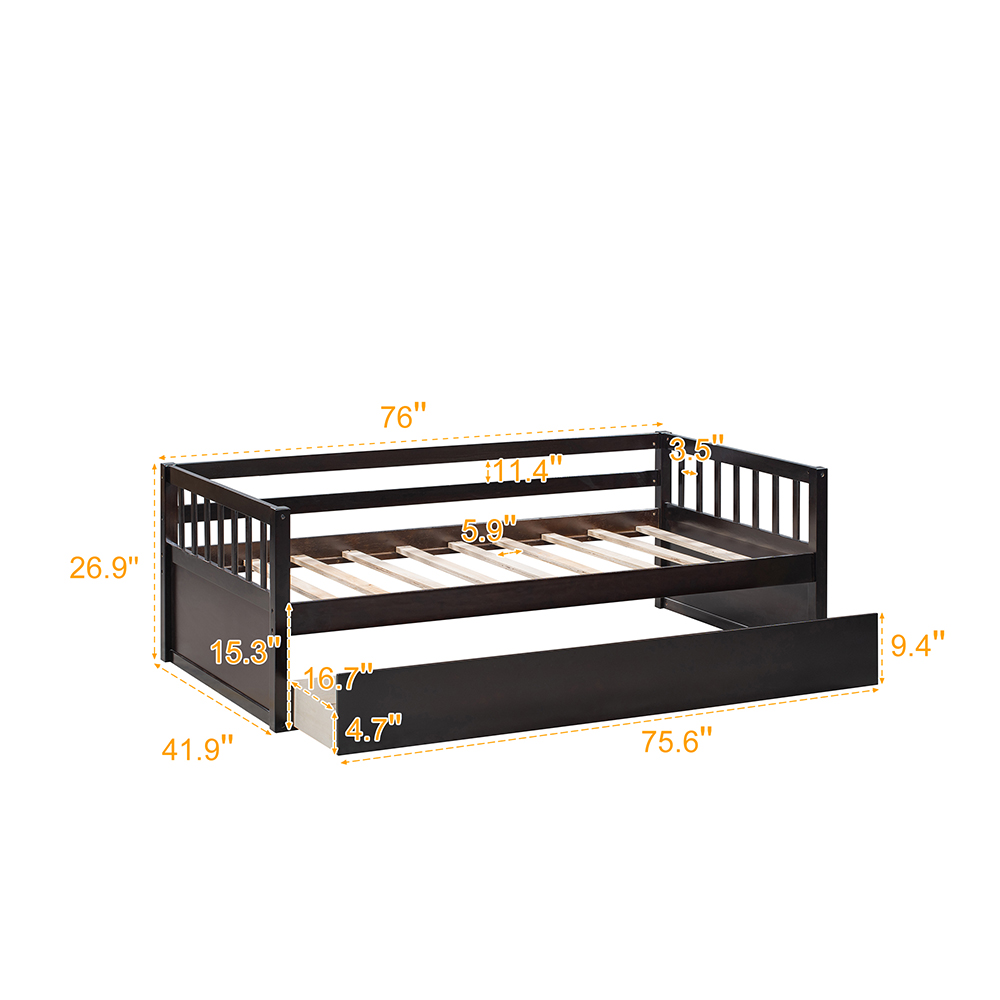 Twin-Size Wooden Platform Sofa Bed Frame with 2 Inseparable Storage Drawers - Espresso