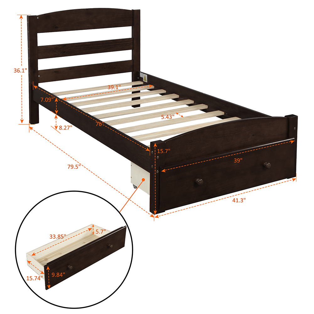 Twin Size Wooden Platform Bed Frame with Storage Drawer, and Wooden Slats Support, No Spring Box Required (Frame Only) - Espresso