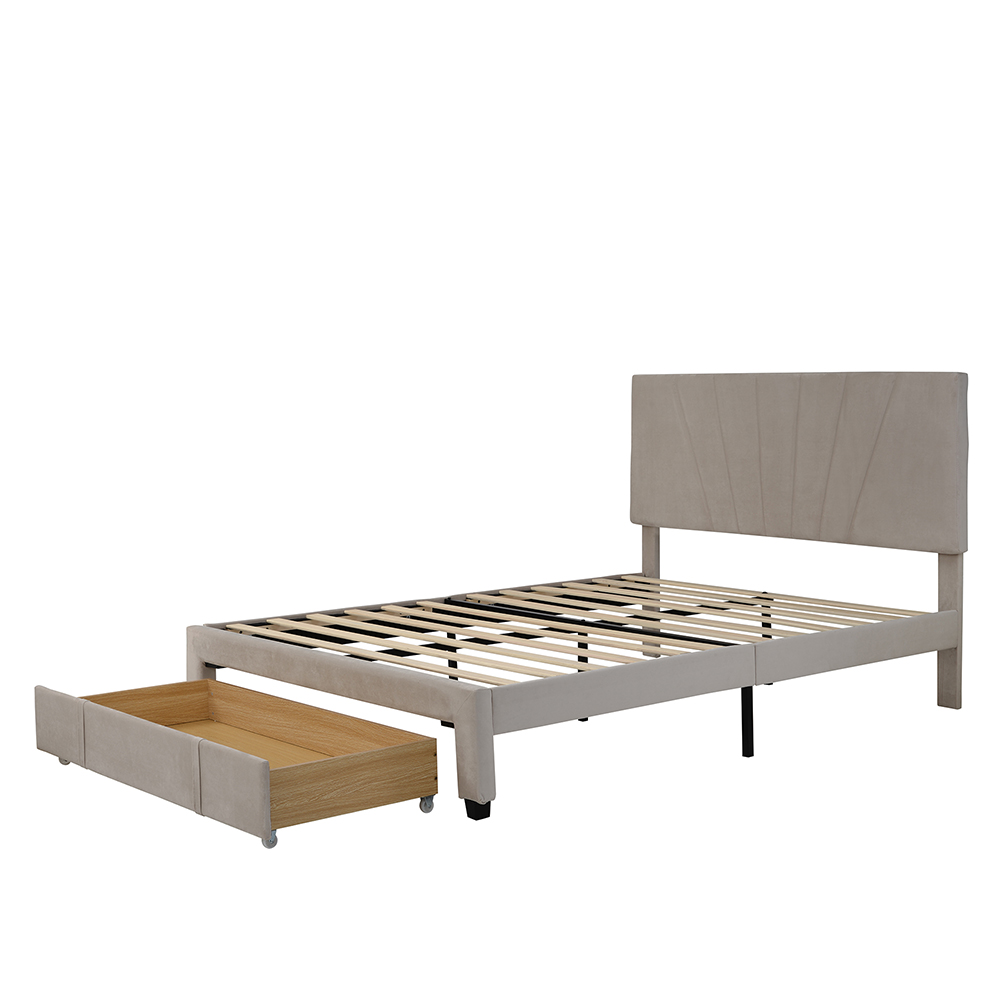 Queen-Size Velvet Upholstered Platform Bed Frame with Storage Drawer and Wooden Slat Support - Beige