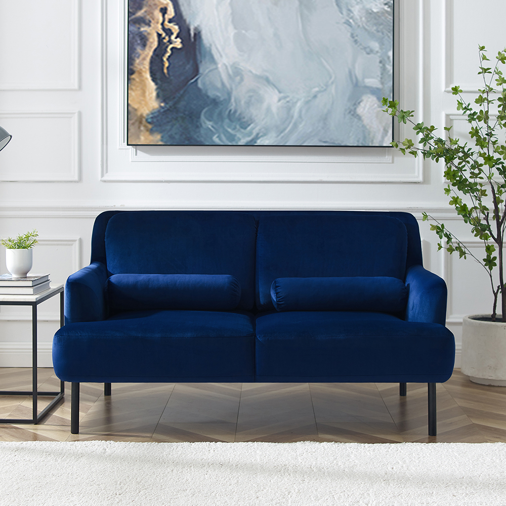 2-Seat Velvet Upholstered Sofa with High Iron Feet and Backrest for Office, Apartment, Bedroom, Living Room - Blue
