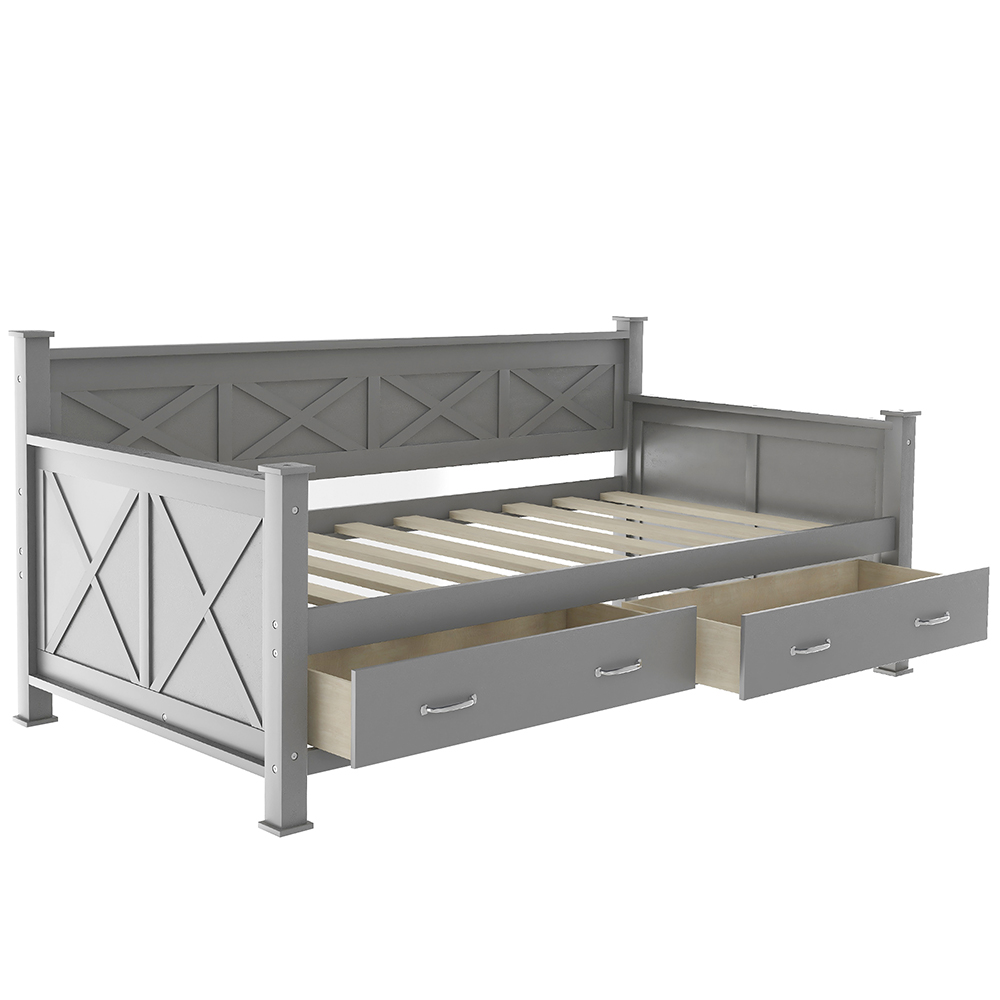 Twin Size Rustic Style Wooden Daybed Frame with 2 Storage Drawers and Wooden Slats Support, No Need for Spring Box, for Living Room, Bedroom, Office, Apartment - Gray