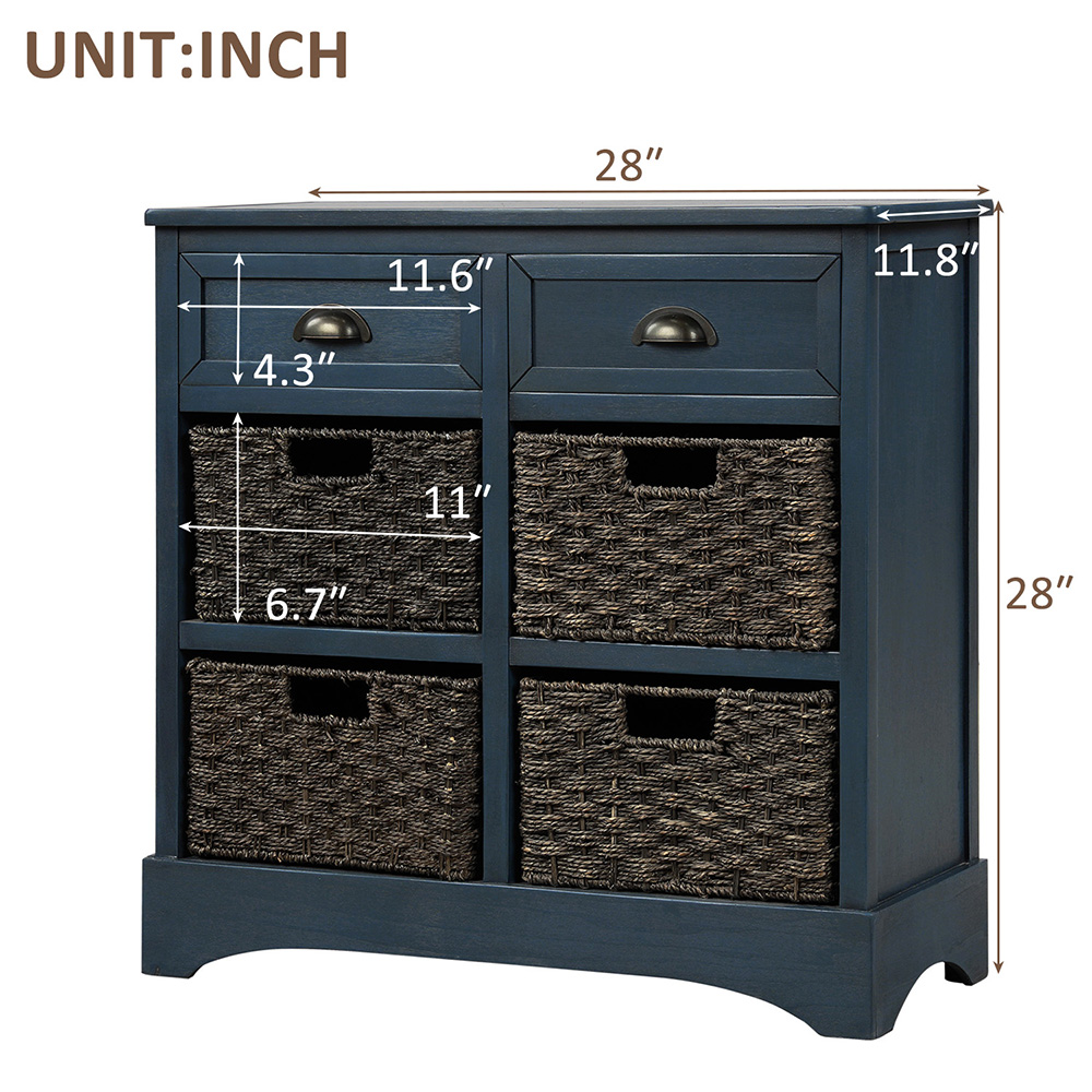 TREXM 28" Rustic Wooden Console Table with 2 Drawers and 4 Storage Rattan Baskets, for Entrance Hallway, Dining Room, Kitchen - Navy