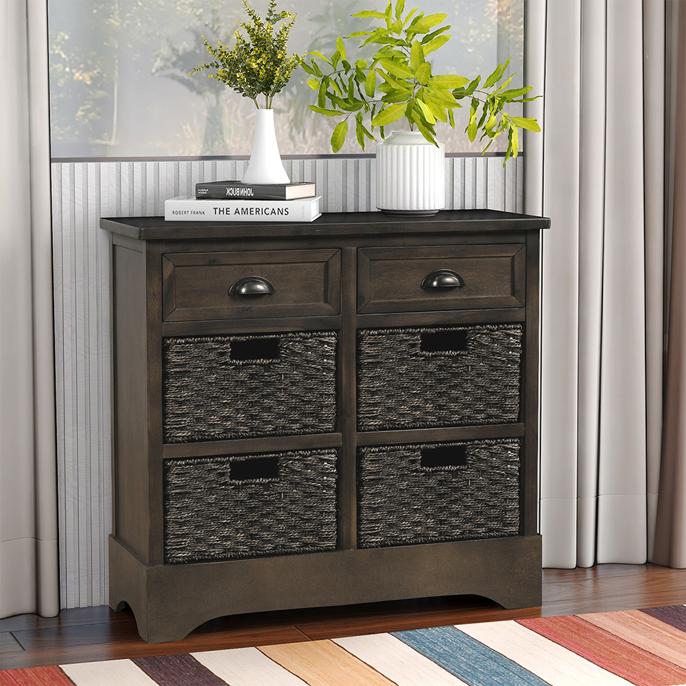 TREXM 28" Rustic Wooden Console Table with 2 Drawers and 4 Storage Rattan Baskets, for Entrance Hallway, Dining Room, Kitchen - Brown