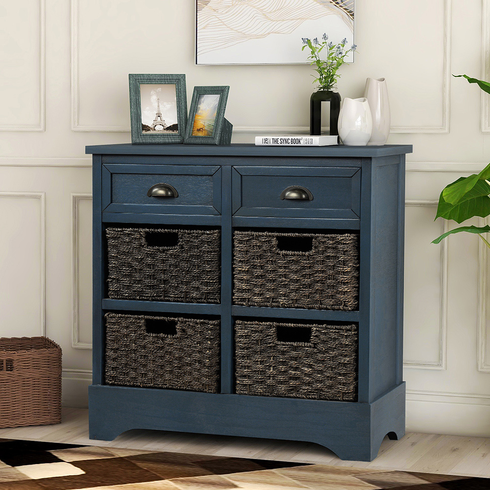TREXM 28" Rustic Wooden Console Table with 2 Drawers and 4 Storage Rattan Baskets, for Entrance Hallway, Dining Room, Kitchen - Navy
