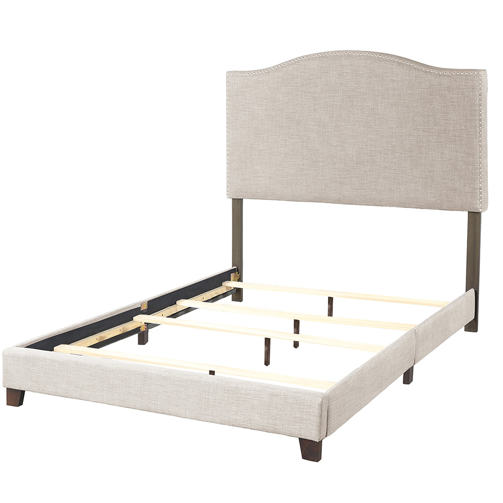 Twin-Size Polyester Linen Platform Bed Frame with Wooden Slats and Nailhead Detail - Beige