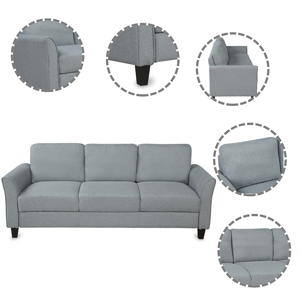 3-Seat Linen Fabric Sofa with Wooden Frame and Plastic Feet, for Living Room, Bedroom, Office, Apartment - Gray