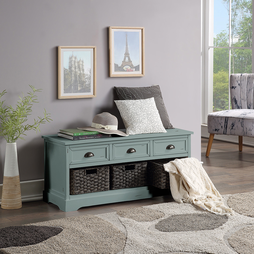 U-Style 19" Wooden Console Table with 3 Drawers and 3 Woven Baskets, for Entrance Hallway, Dining Room, Bedroom - Green