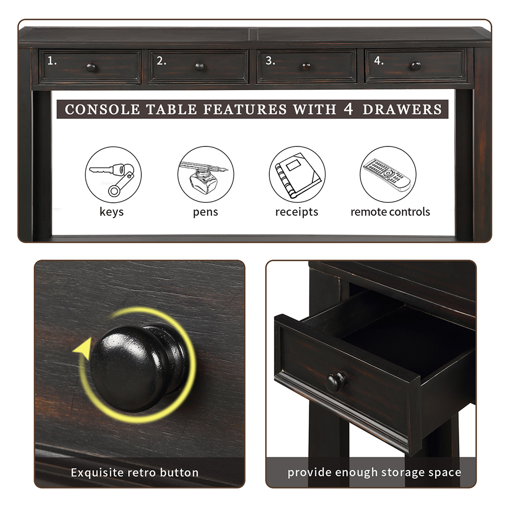 TREXM 64'' Console Table with 4 Storage Drawers and Bottom Shelf, for Entrance Hallway, Dining Room, Bedroom - Black