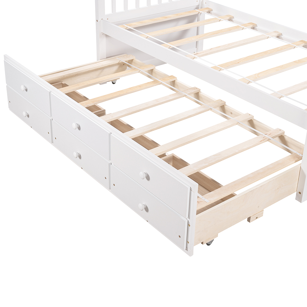 Twin Size Wooden Daybed Frame with Trundle Bed and 3 Storage Drawers, No Need for Spring Box, for Living Room, Bedroom, Office, Apartment - White