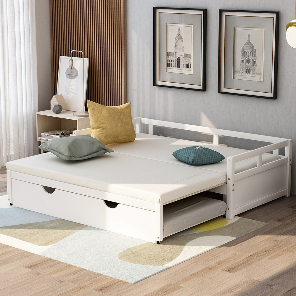 78" Twin Size Wooden Daybed with Trundle Bed and Wooden Slats Support, No Need for Spring Box, for Living Room, Bedroom, Office, Apartment - White