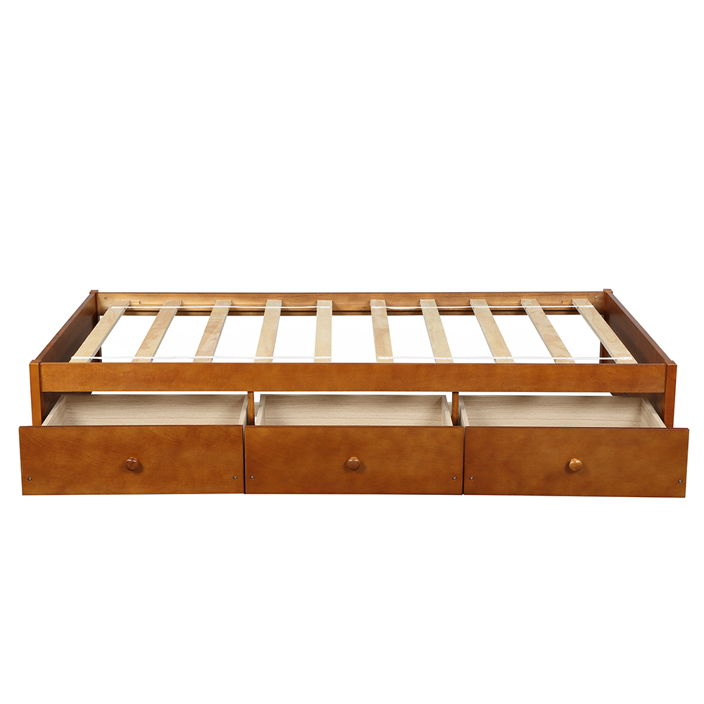 Orisfur Twin Size Wooden Platform Bed Frame with 3 Storage Drawers, and Wooden Slats Support, No Spring Box Required (Frame Only) - Oak