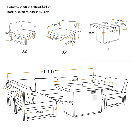 Outdoor 6-Seat Aluminum Frame Modular Sofa with Fire Pit Table and Removable Seat Cushion, for Courtyard, Balcony, Living Room - Gray