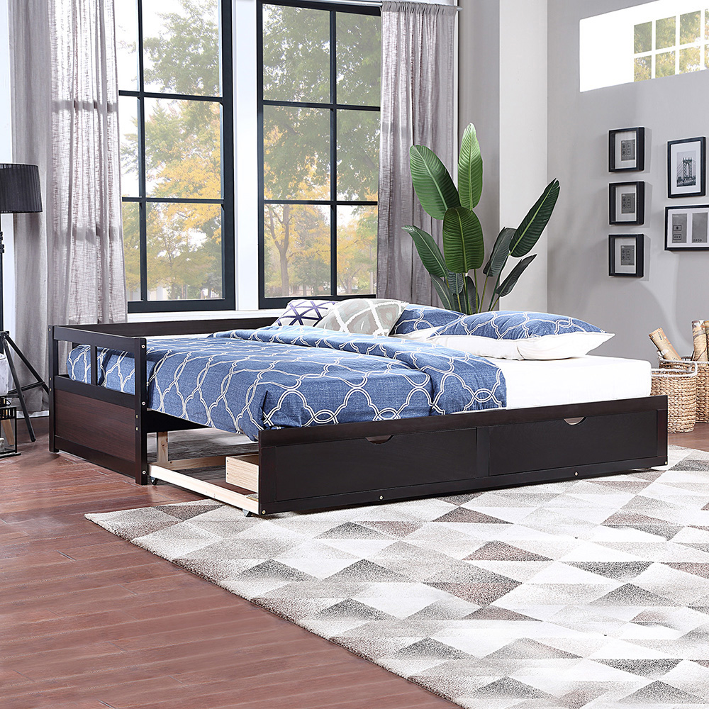 78.2" Twin Size Wooden Daybed with Trundle Bed and 2 Storage Drawers, No Need for Spring Box, for Living Room, Bedroom, Office, Apartment - Espresso
